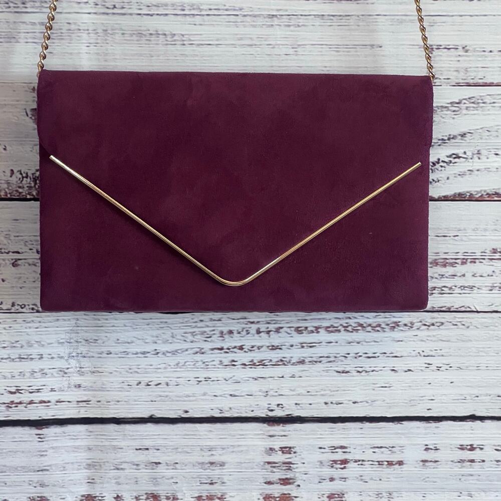 Evening Bag Clutch Crossbody Faux Suede Envelope Style Burgundy Gold